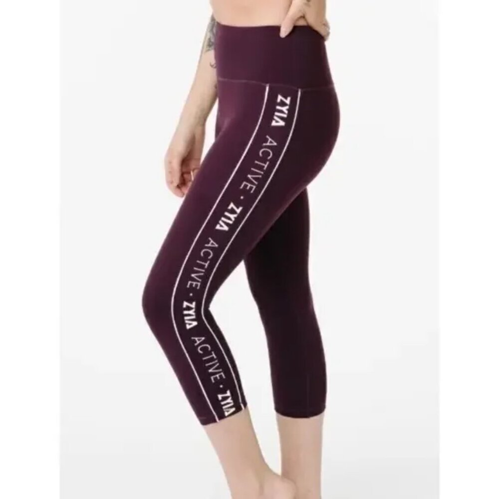Zyia Active Logo Plum Purple Crop Leggings Size 6-8 Medium Workout Gym Athletic